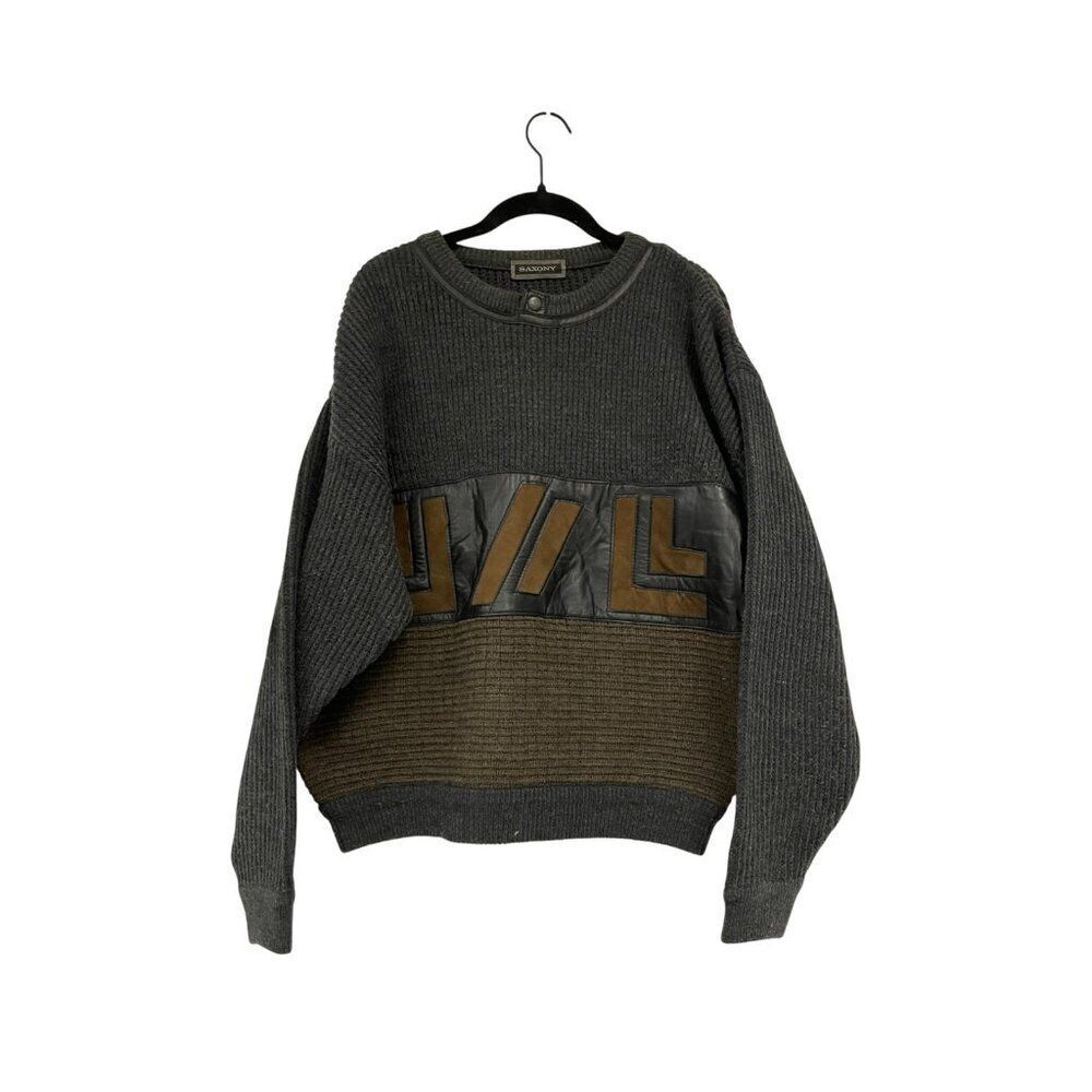 Saxony Mens Sweater Size M Gray Brown Knit Genuine Leather Wool Blend Pullover